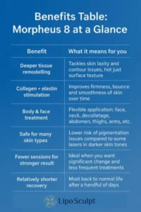 How Often Can I have Morpheus 8? 3 Table showing the benefits of Morpheus 8 treatment from Lipo Sculpt Ripley